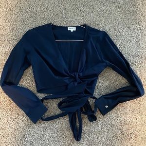 Superdown Navy Long Sleeve Wrap Crop Top